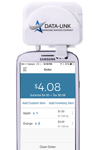 photo of a Datalink smartphone card reader attached to a Samsung phone
